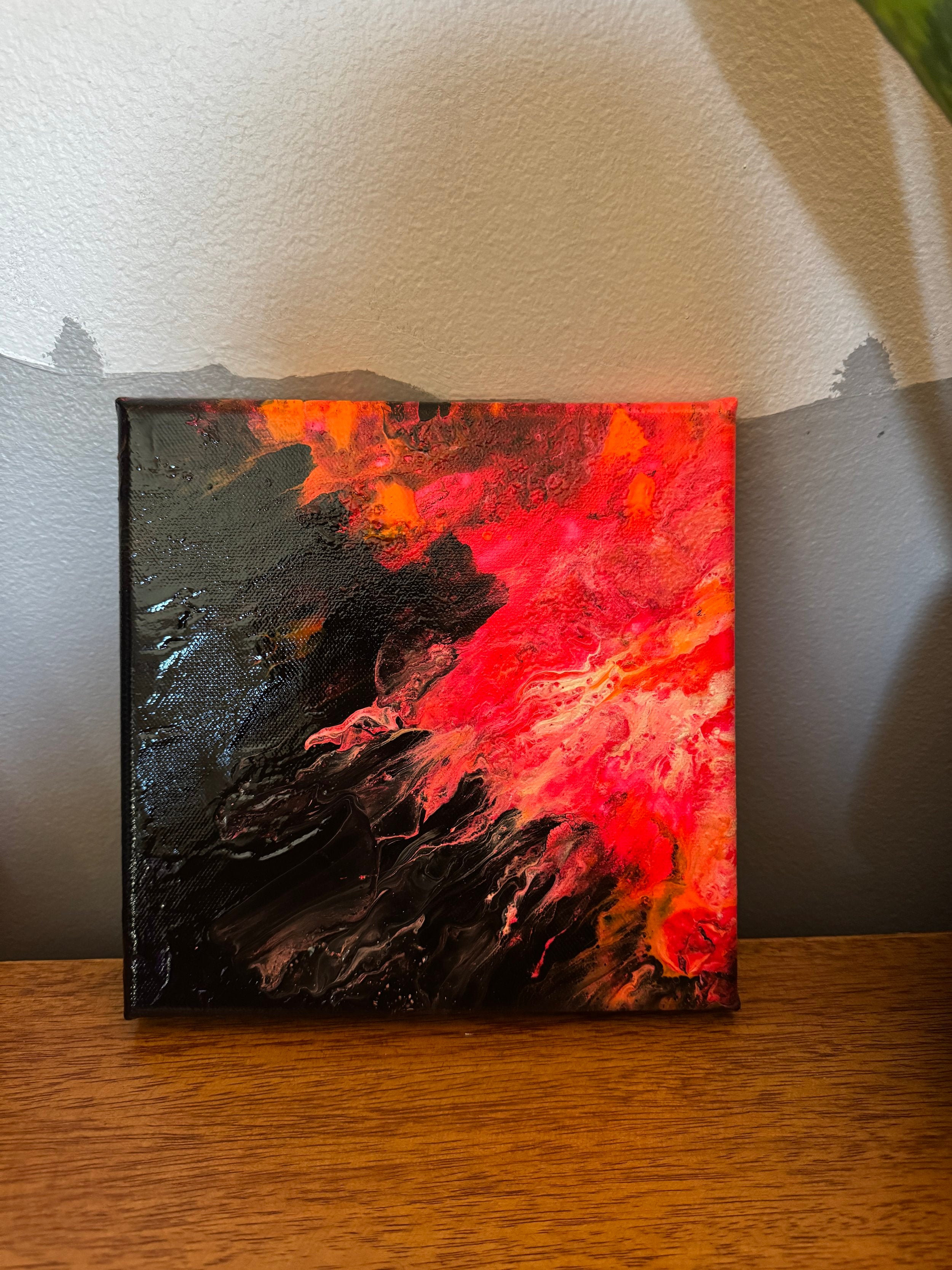 Abstract Sun Flare -  8"x8" - Black, Pink and Orange - Abstract Painting