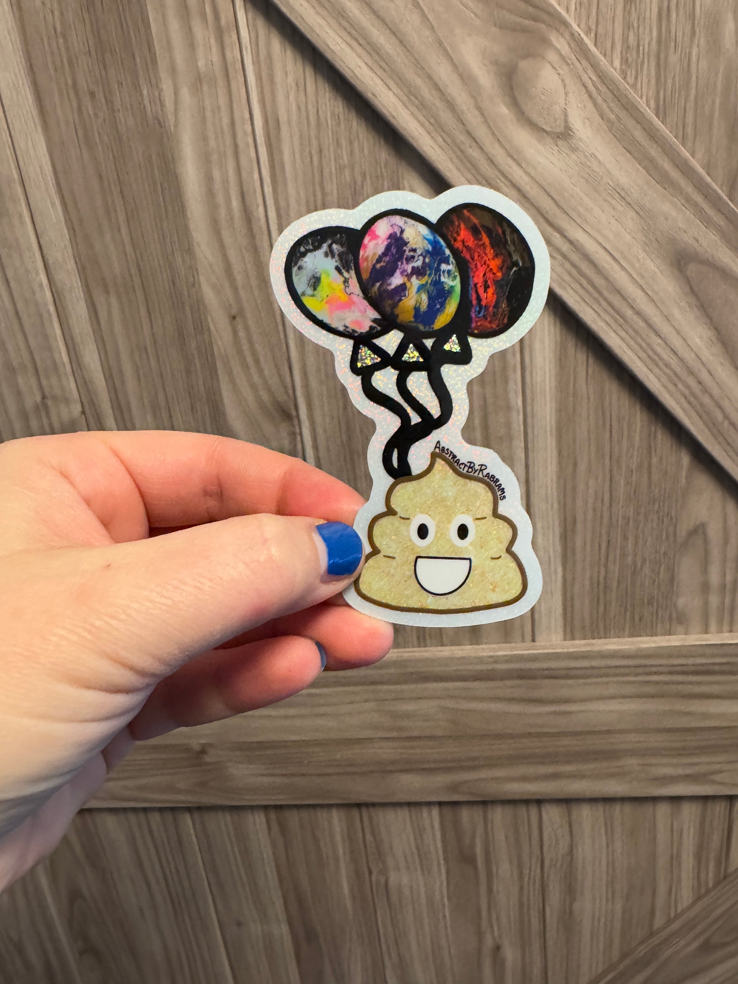 Hand Drawn Poop Emoji with Balloons Glittery Sticker - 3.4" x 2.2"