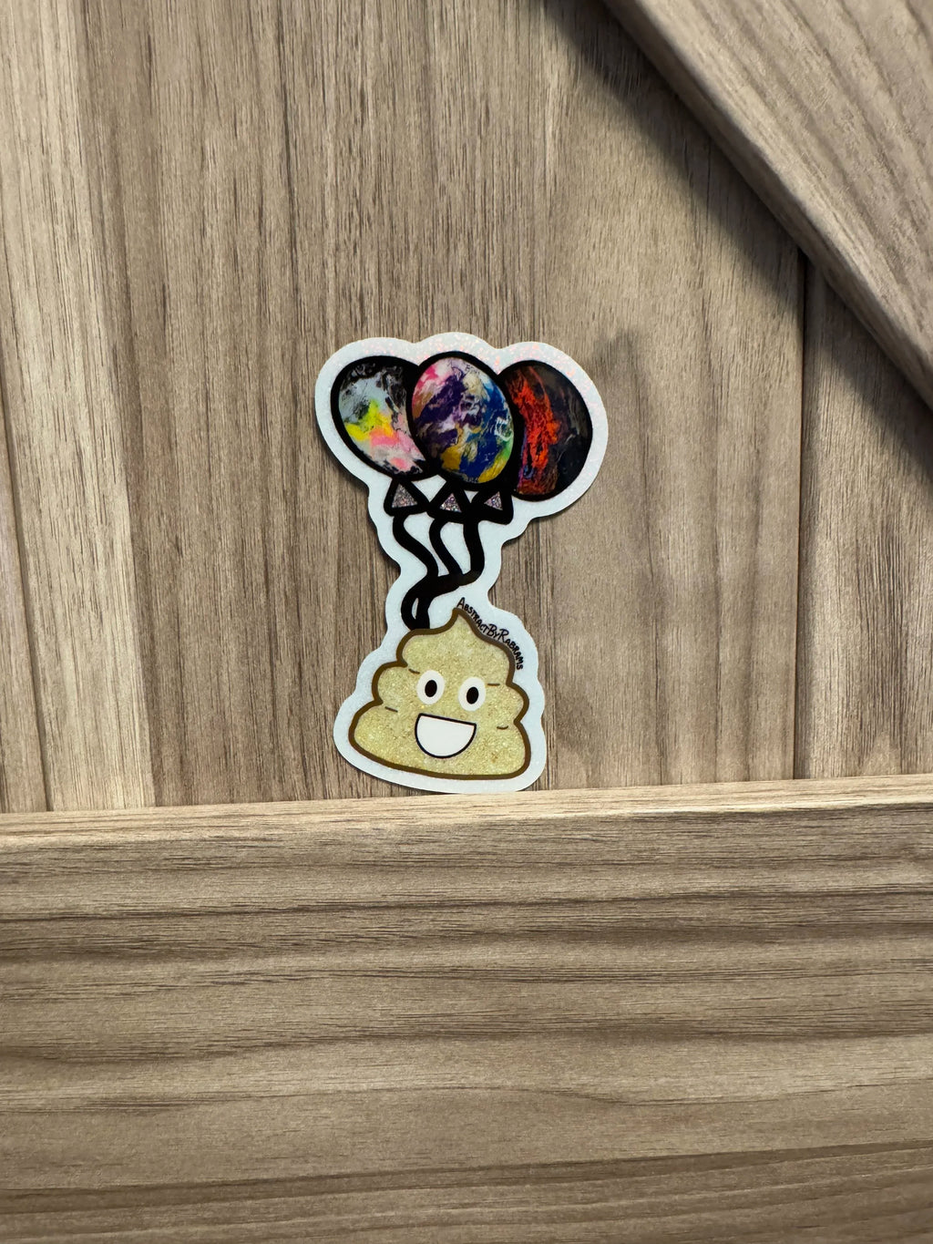 Hand Drawn Poop Emoji with Balloons Glittery Sticker - 3.4" x 2.2"