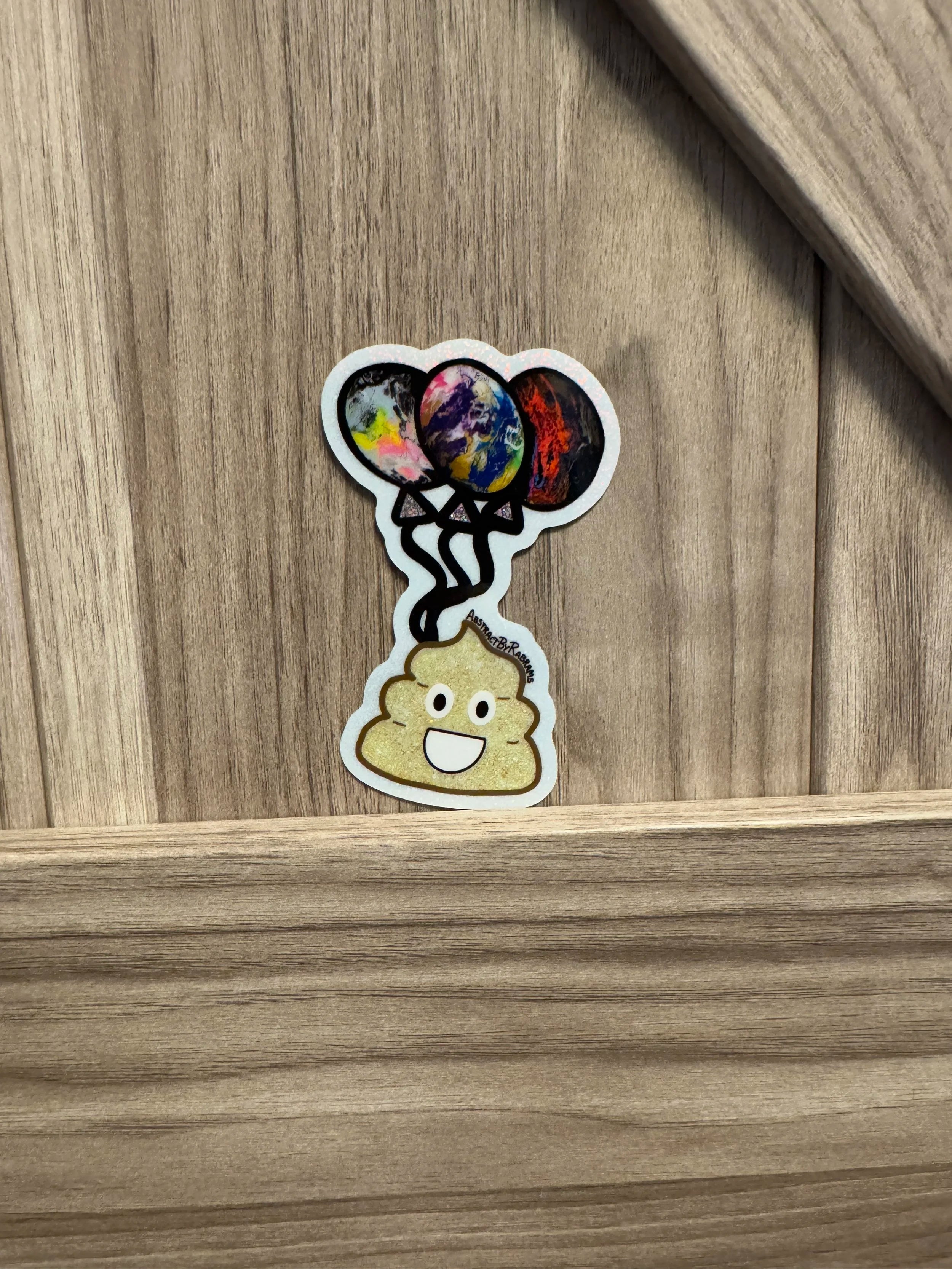 Hand Drawn Poop Emoji with Balloons Glittery Sticker - 3.4" x 2.2"