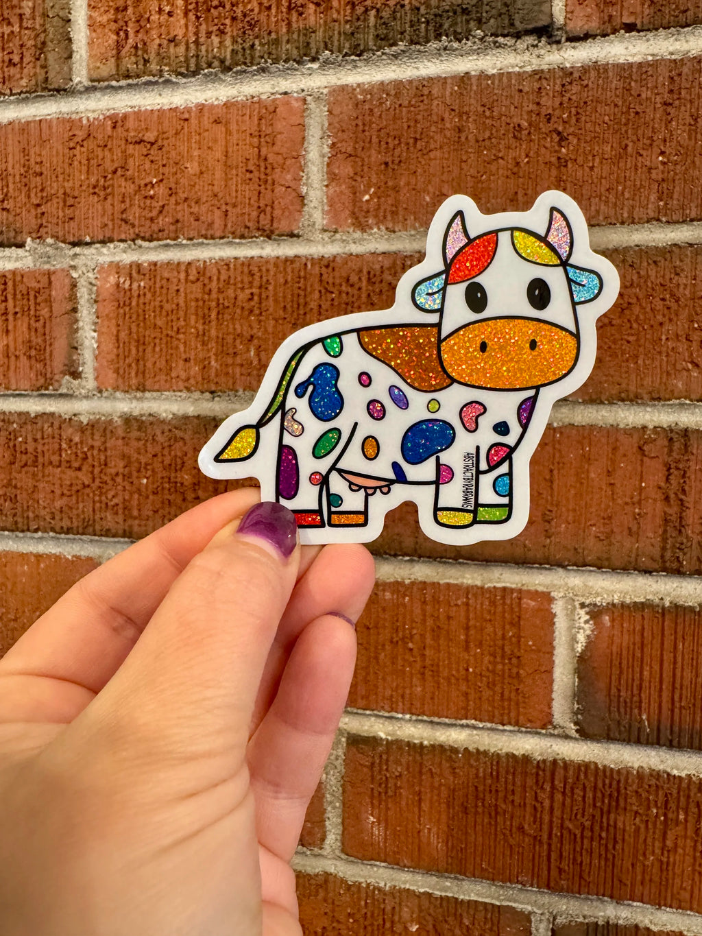 Rainbow Cow Glittery Sticker - Hand Drawn - 3"