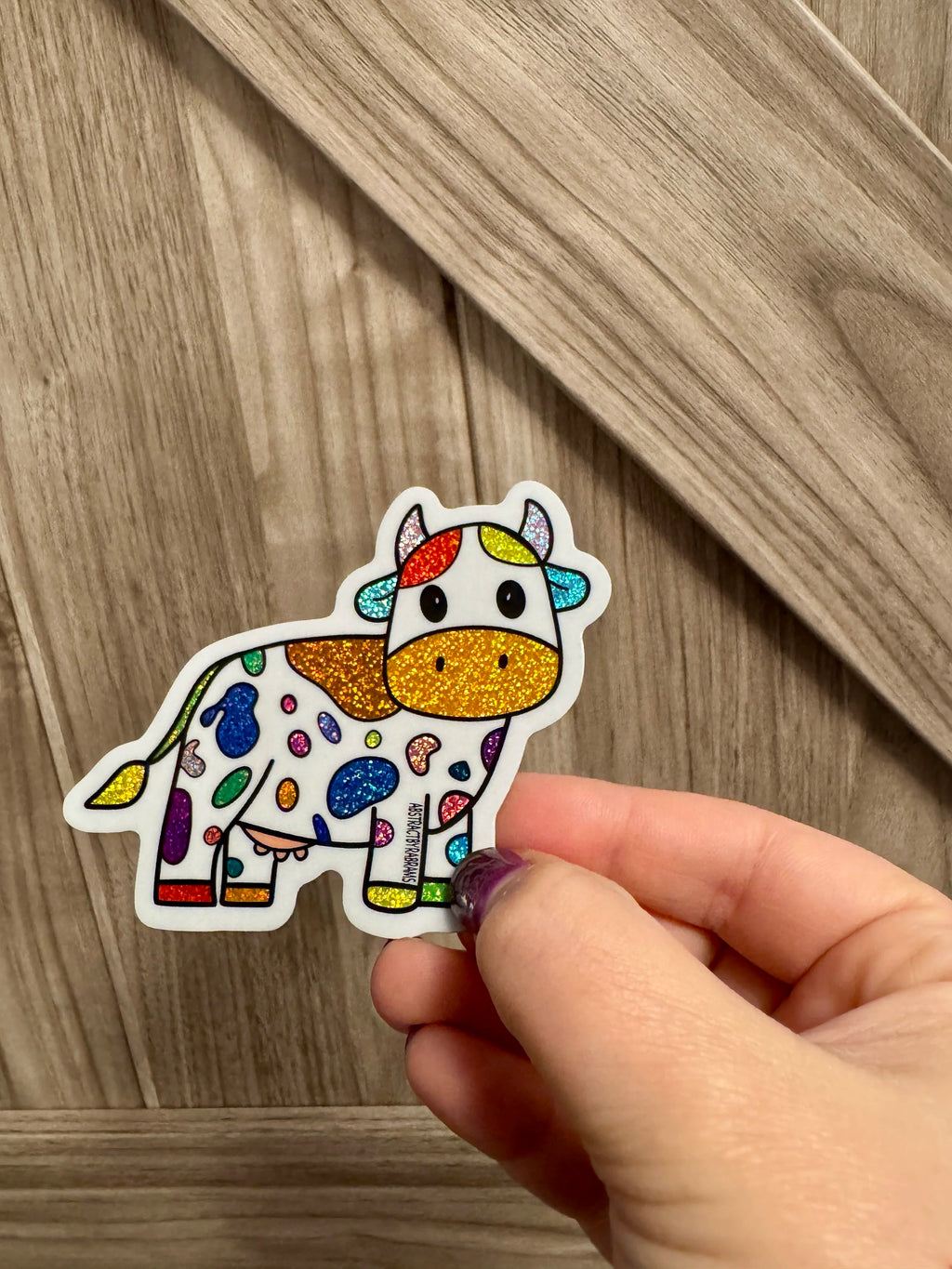Rainbow Cow Glittery Sticker - Hand Drawn - 3"
