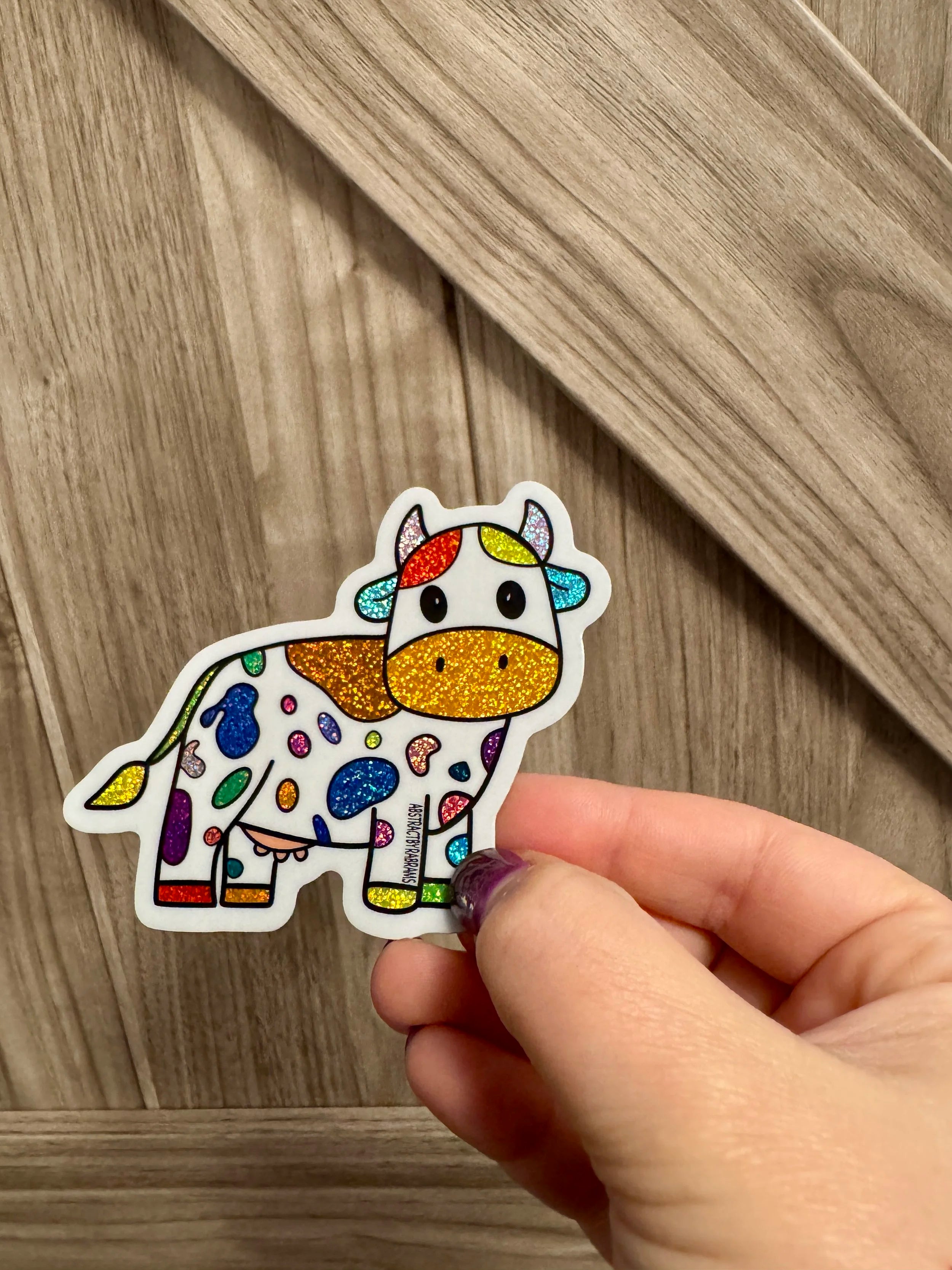 Rainbow Cow Glittery Sticker - Hand Drawn - 3"