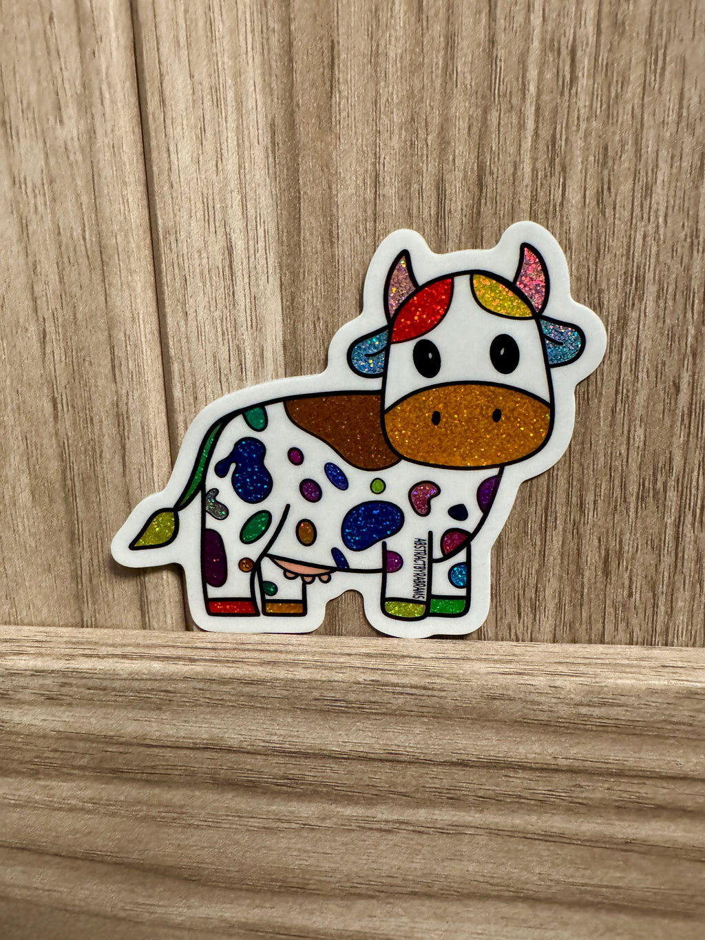Rainbow Cow Glittery Sticker - Hand Drawn - 3"