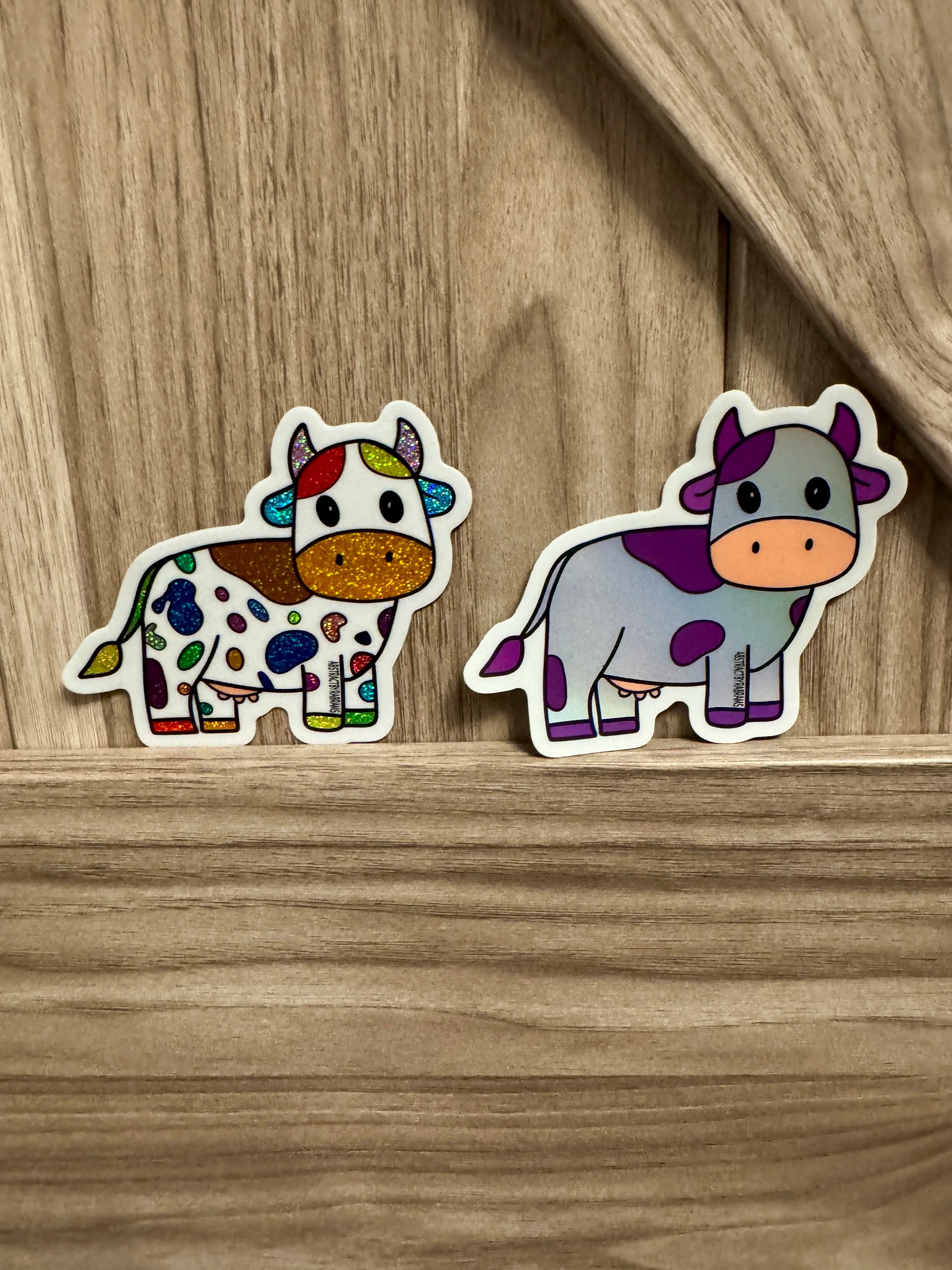 Rainbow Cow Glittery Sticker - Hand Drawn - 3"