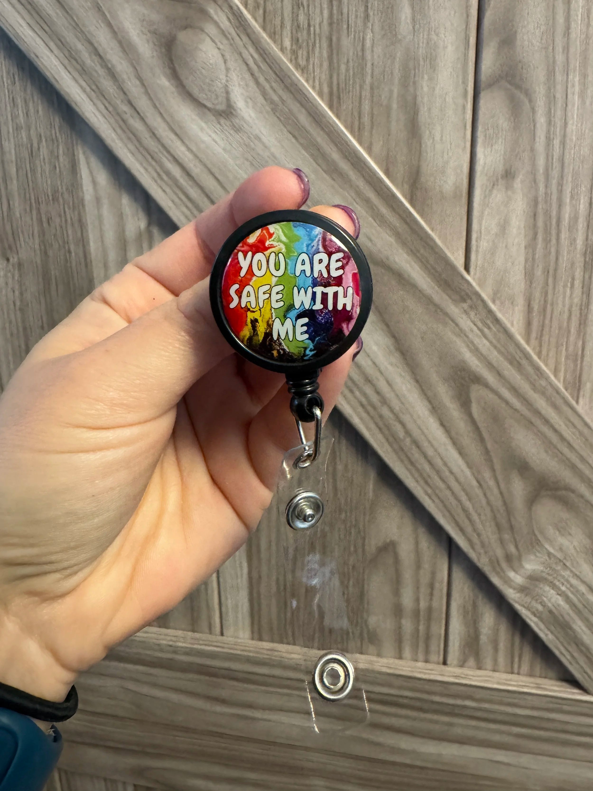 You are Safe With Me Badge Reel - Progress Pride - Handmade