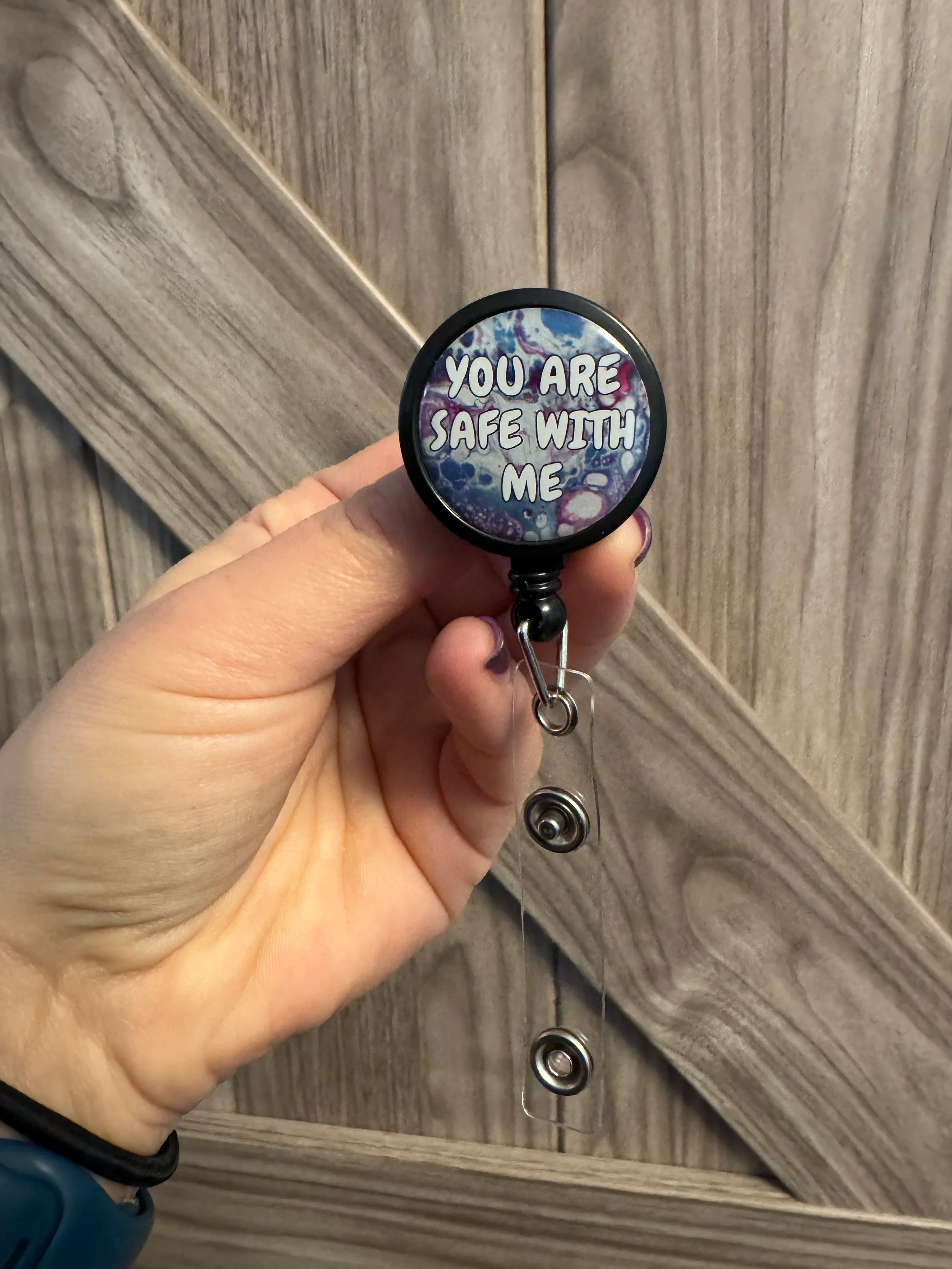 You are Safe With Me Badge Reel - Trans Flag - Handmade