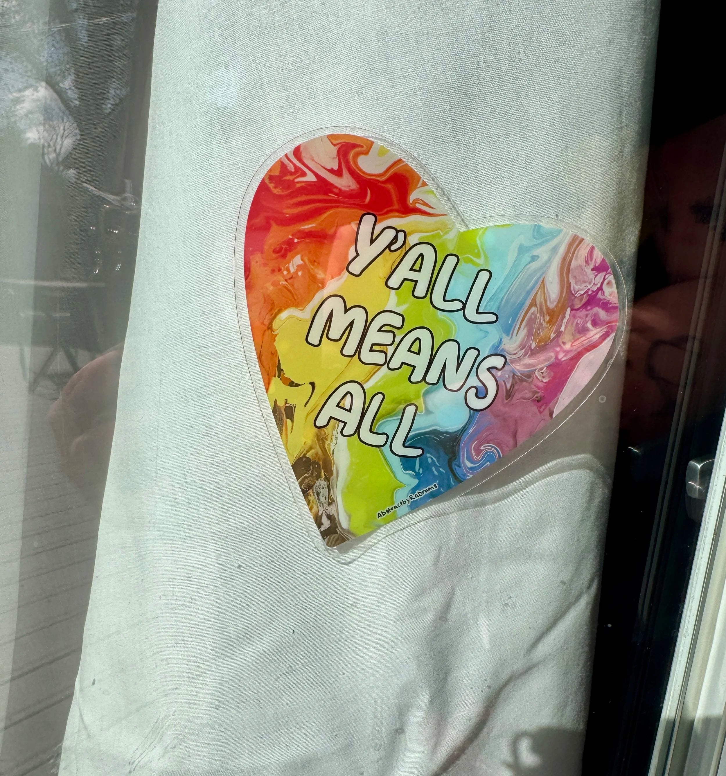 Y'all Means All Window Decal - Rainbow Heart 4" - Front Adhesive - Displays Outwards