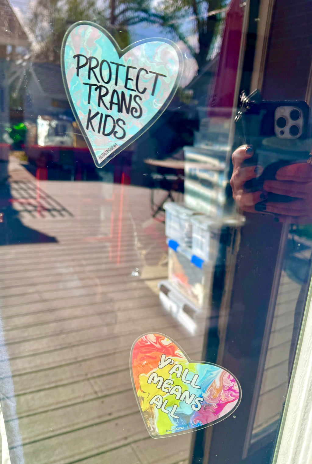 Y'all Means All Window Decal - Rainbow Heart 4" - Front Adhesive - Displays Outwards