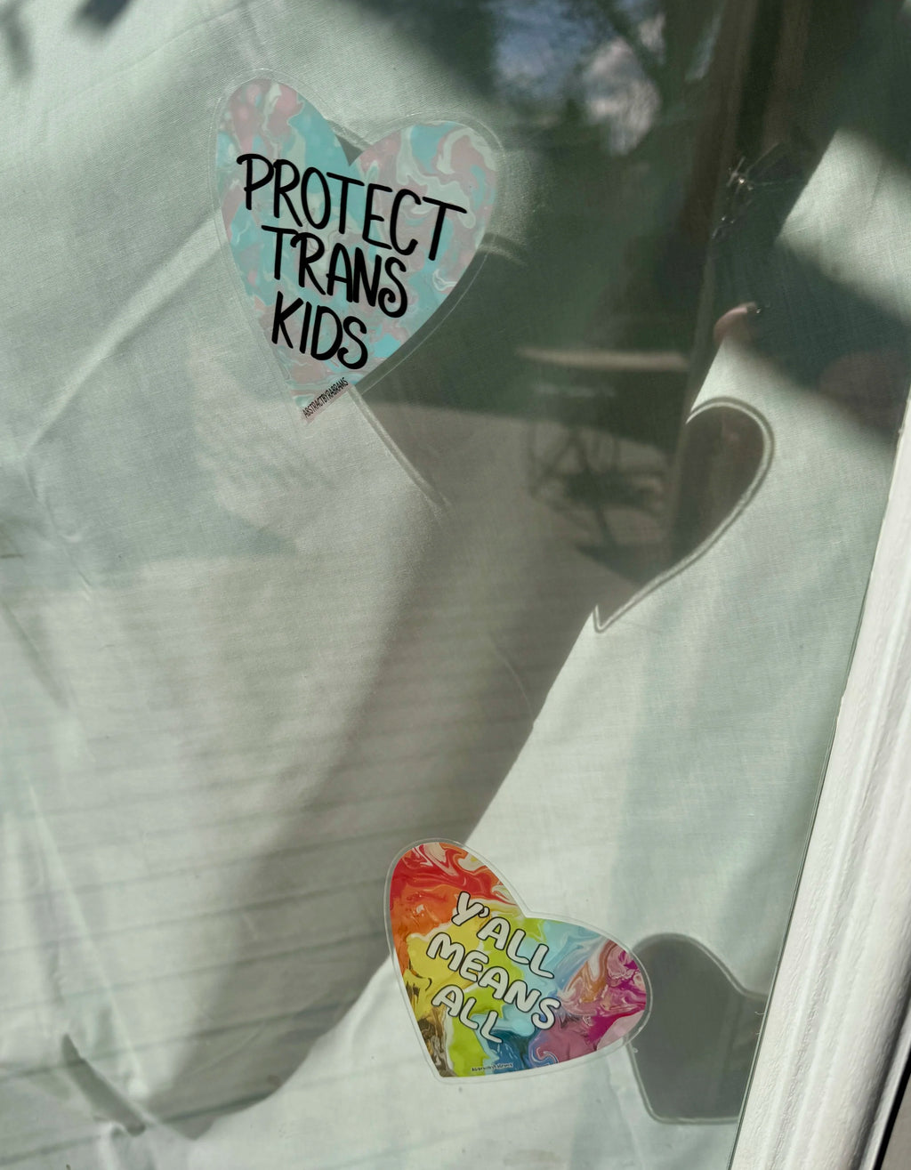 Y'all Means All Window Decal - Rainbow Heart 4" - Front Adhesive - Displays Outwards