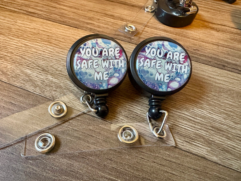 B-Grade You are Safe With Me Badge Reel - Progress Pride and Trans Pride