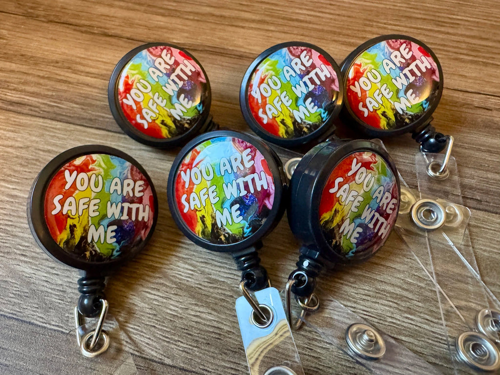 B-Grade You are Safe With Me Badge Reel - Progress Pride and Trans Pride