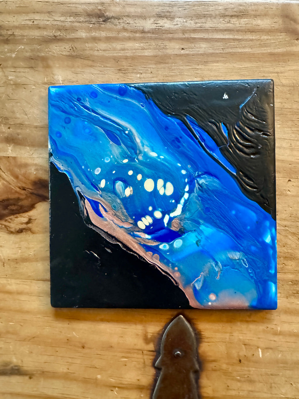 Upcycled Pour Painted Ceramic Trivet - 6"x6"  - Cork Backing - Suitable for Hot and Cold items