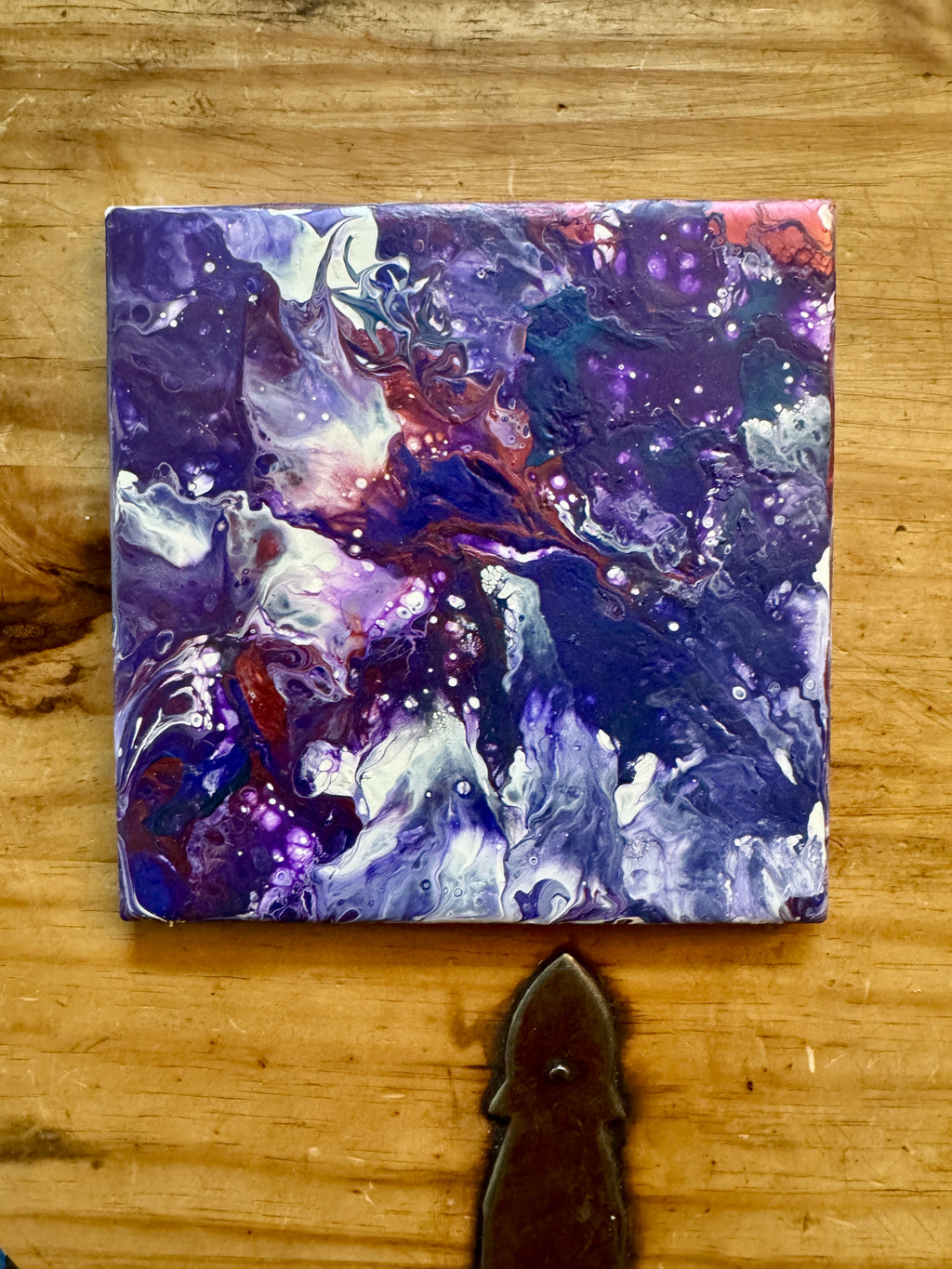 Upcycled Pour Painted Ceramic Trivet - 6"x6"  - Cork Backing - Suitable for Hot and Cold items