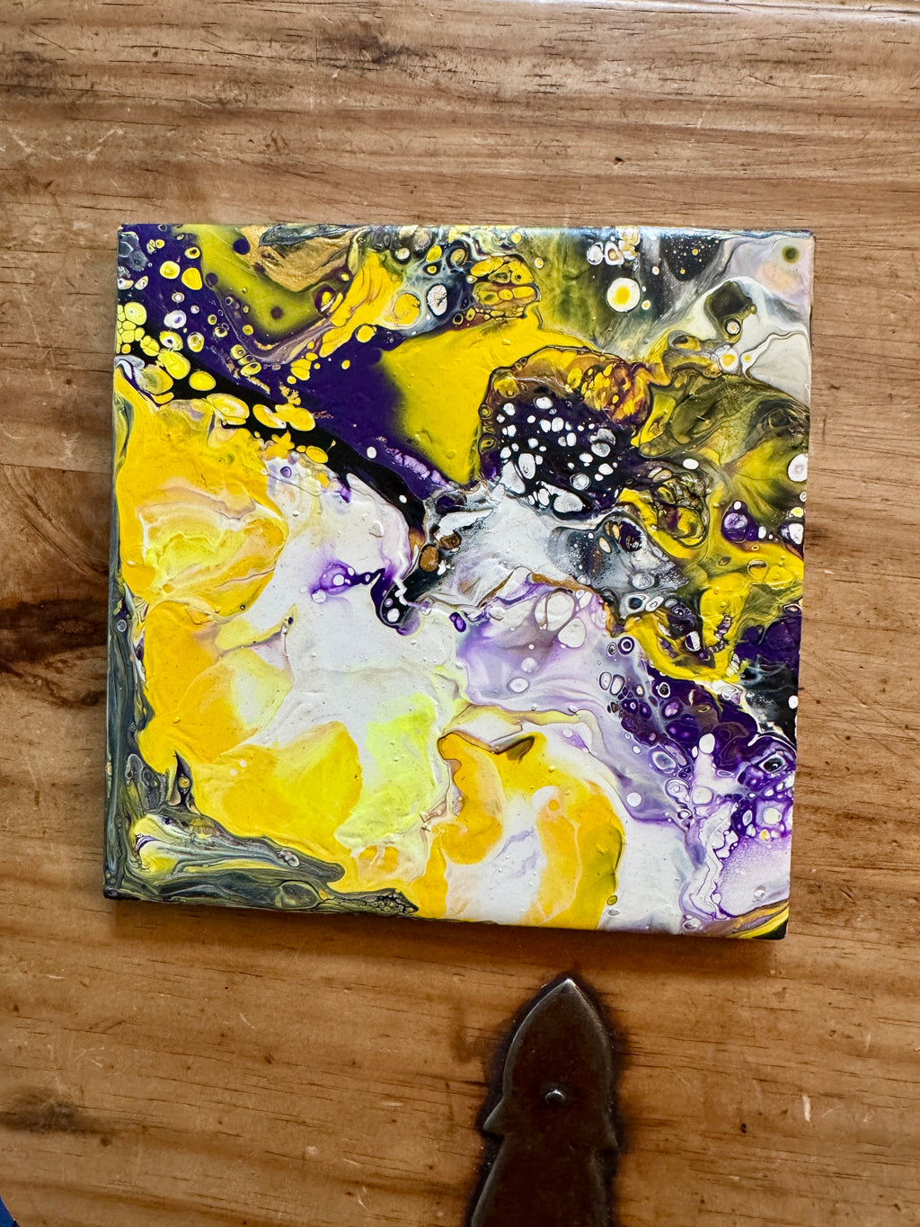 Upcycled Pour Painted Ceramic Trivet - 6"x6"  - Cork Backing - Suitable for Hot and Cold items
