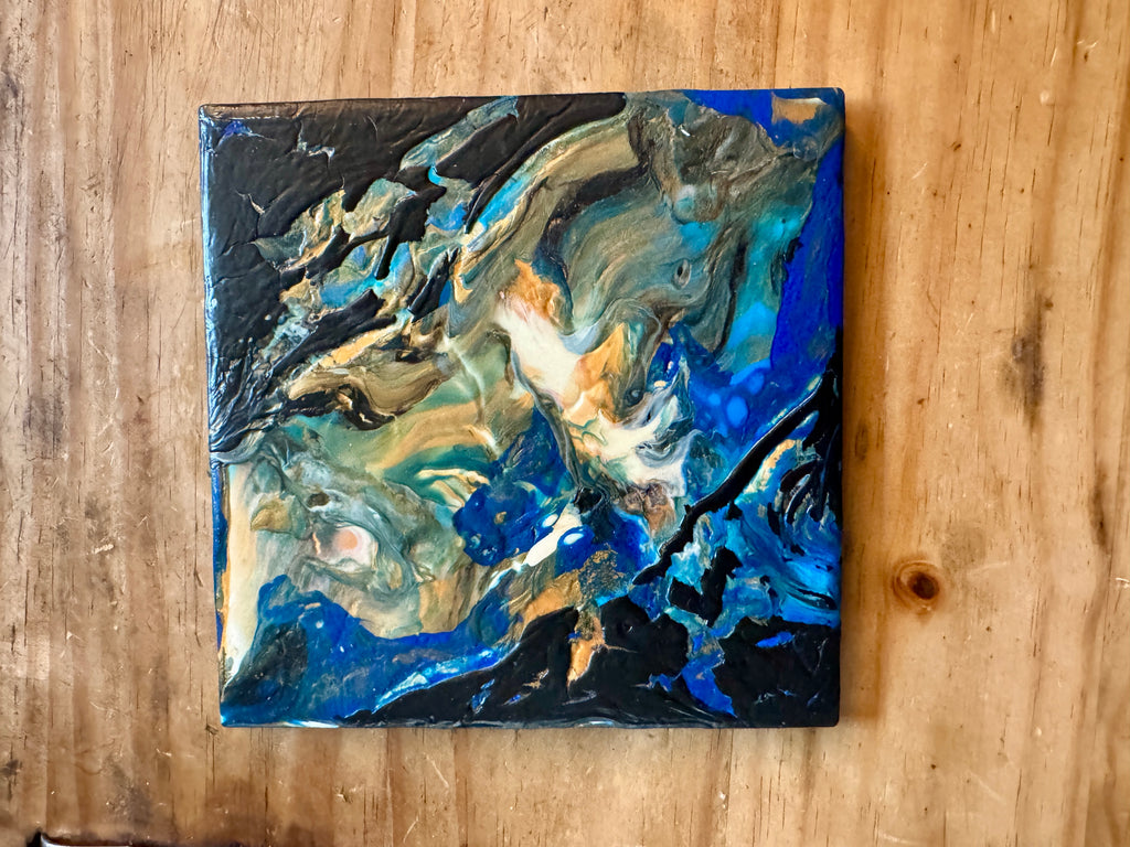 Upcycled Pour Painted Ceramic Trivet - 6"x6"  - Cork Backing - Suitable for Hot and Cold items