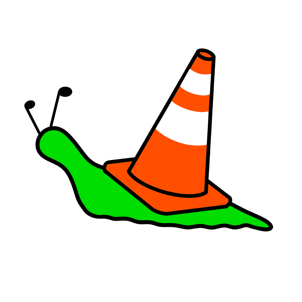 A cartoon snail with a bright green body and black antennae, wearing an orange-and-white striped traffic cone hat, shown on a plain white background.