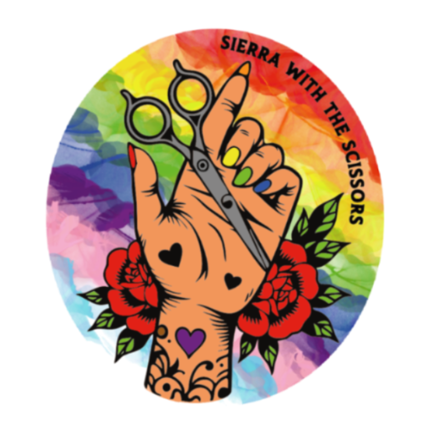 A circular graphic design featuring a hand with colorful nail polish holding black scissors, surrounded by red roses and the text 'SIERRA WITH THE SCISSORS' on a rainbow watercolor background.