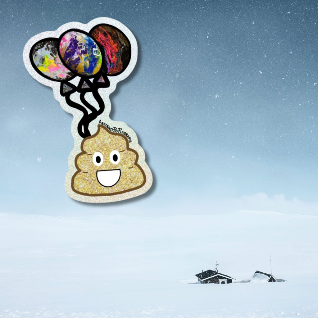 Hand Drawn Poop Emoji with Balloons Glittery Sticker - 3.4" x 2.2"