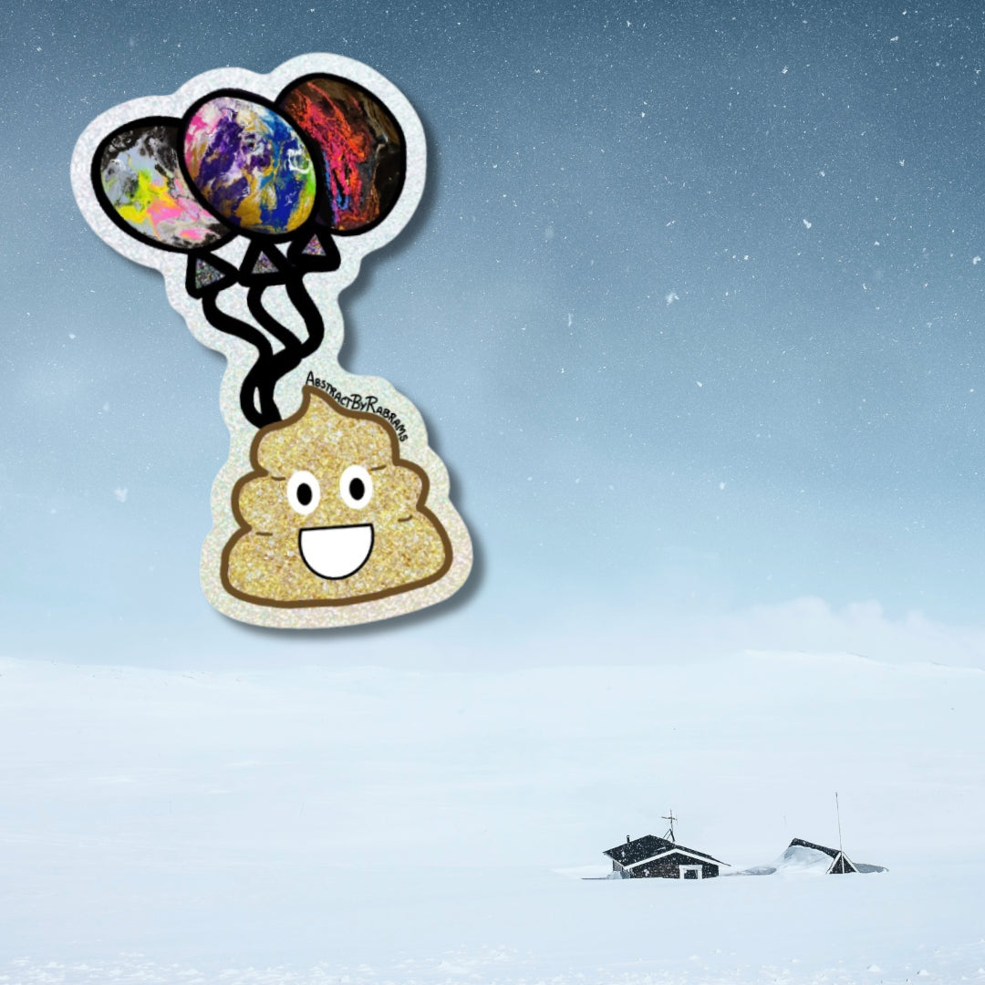 Hand Drawn Poop Emoji with Balloons Glittery Sticker - 3.4" x 2.2"