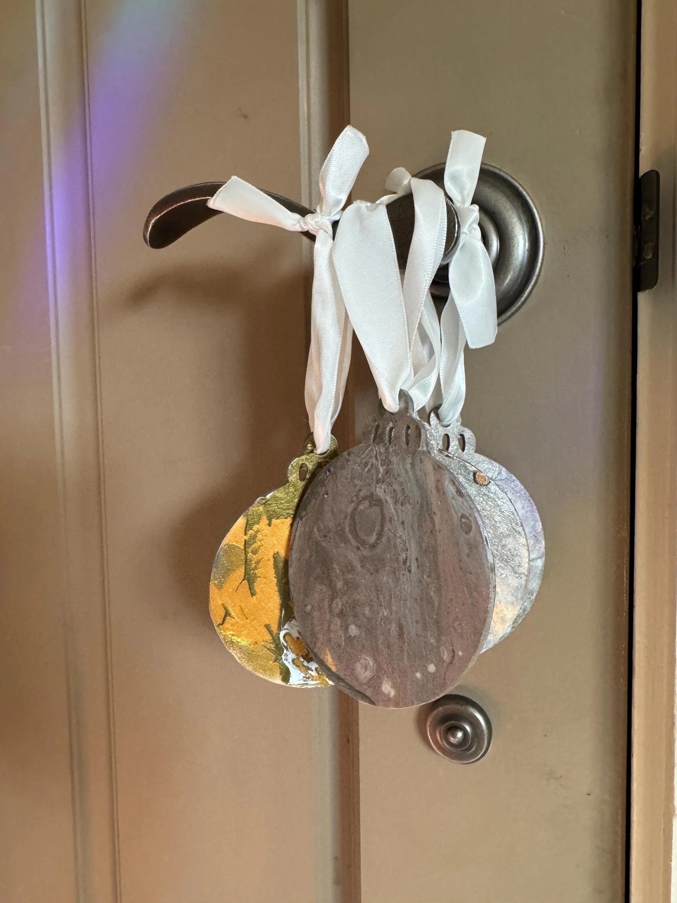 Wooden Metallic Christmas Ornaments - Twine or White Ribbon. 3" Silver, Gold, Rose
