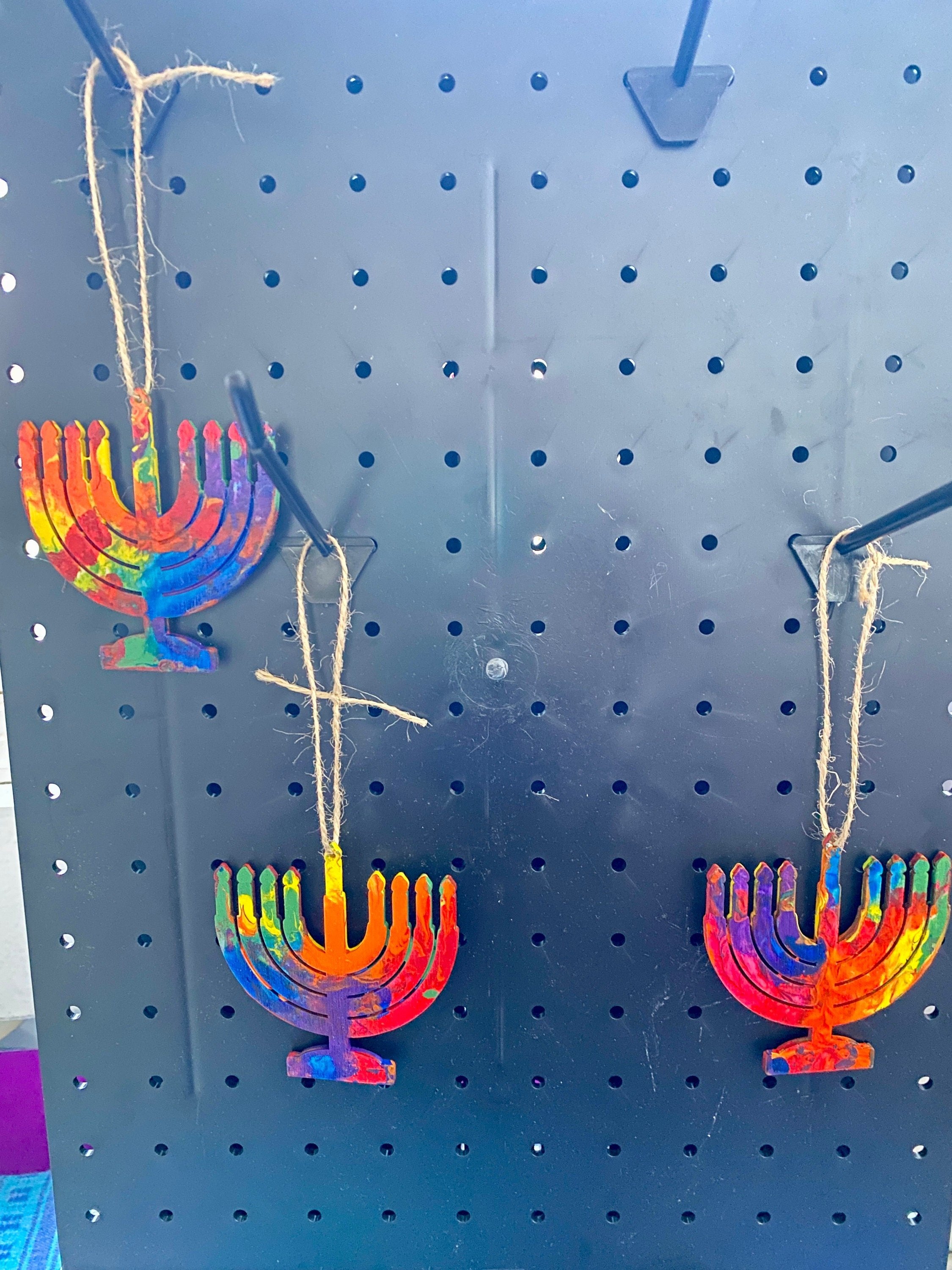 Rainbow Wooden Menorah decorations for Hannukah