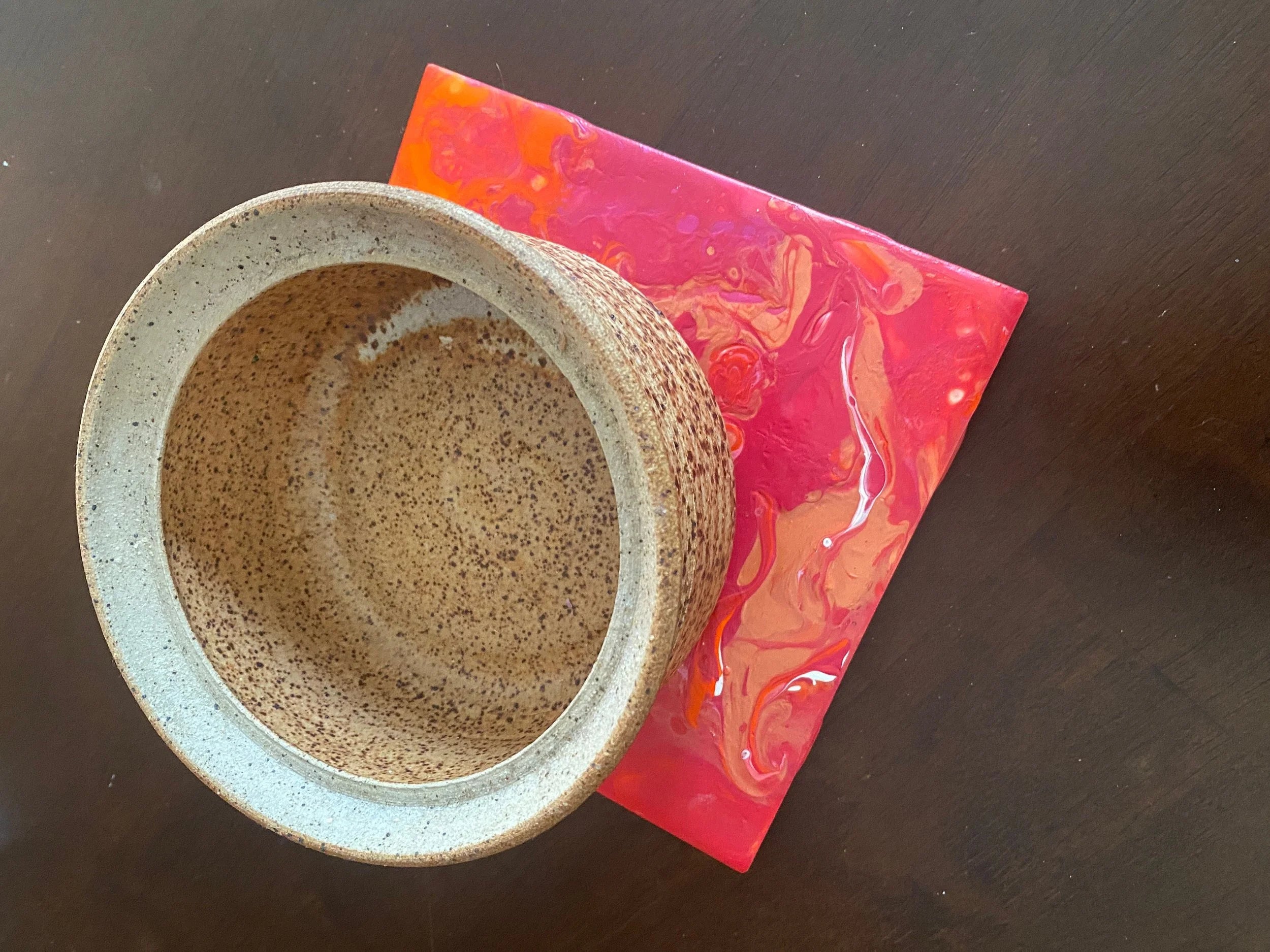 Pink and Orange Pour Painted Ceramic Trivet - 6"x6"  - Cork Backing - Suitable for Hot and Cold items - Bright and Colorful decor - Upcycled