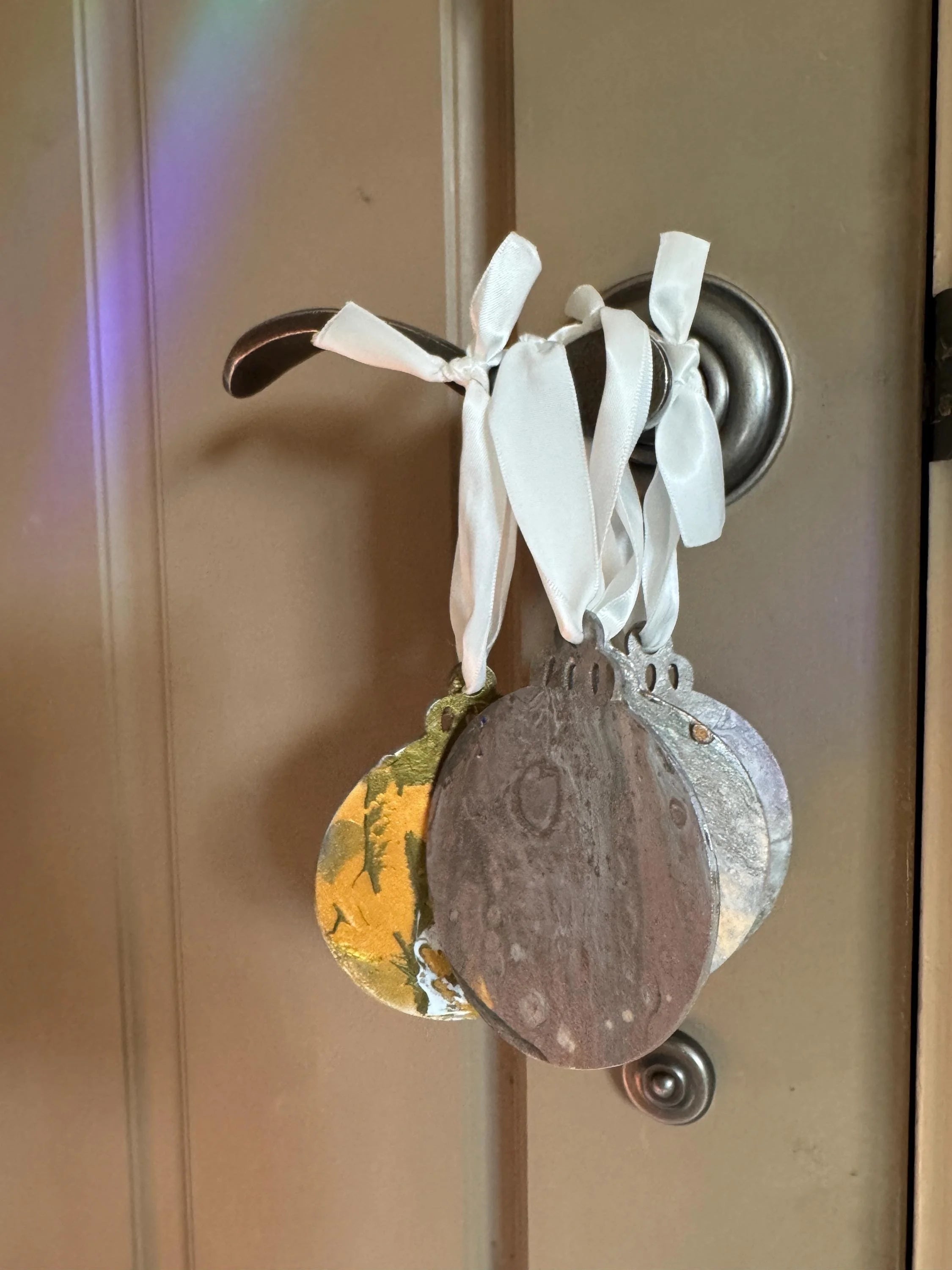 Wooden Metallic Christmas Ornaments - Twine or White Ribbon. 3" Silver, Gold, Rose
