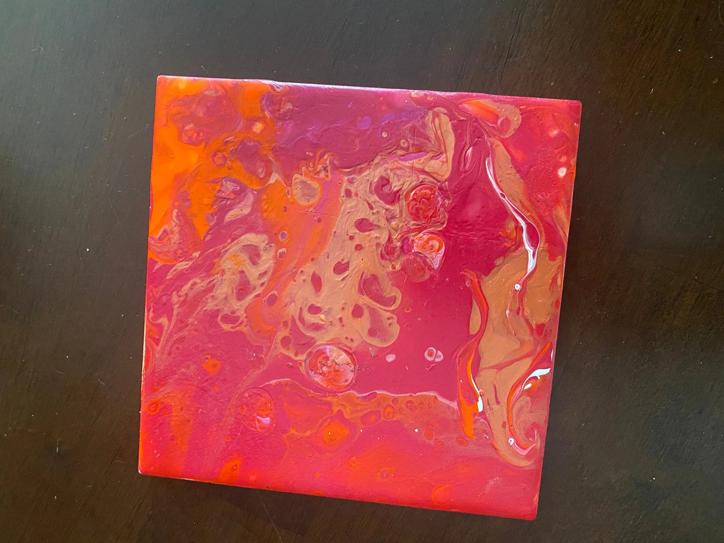 Pink and Orange Pour Painted Ceramic Trivet - 6"x6"  - Cork Backing - Suitable for Hot and Cold items - Bright and Colorful decor - Upcycled