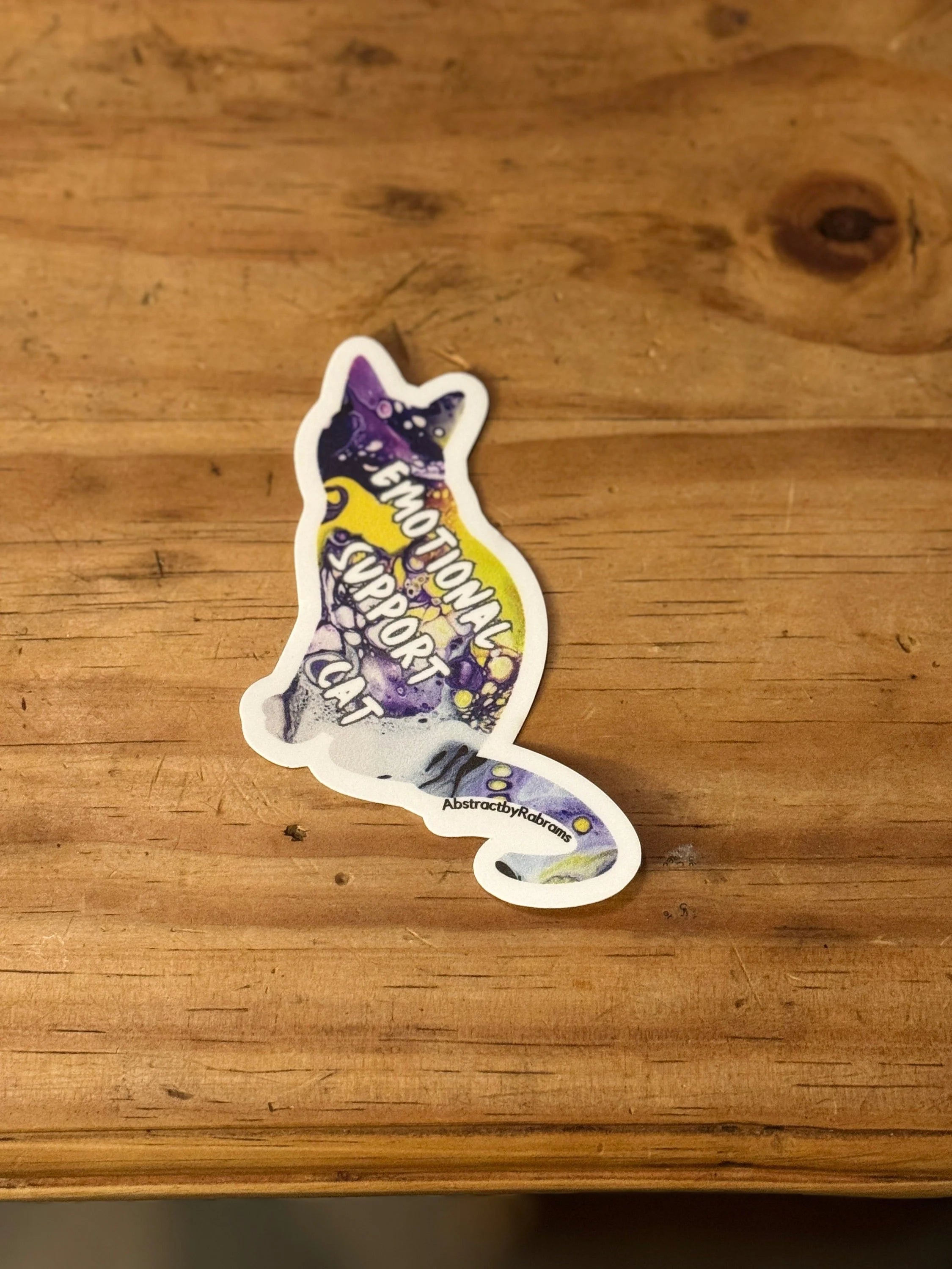 Emotional Support Cat - 3" Waterproof, Vinyl Sticker - 2.89" × 3" - Purple, Yellow, Black and White