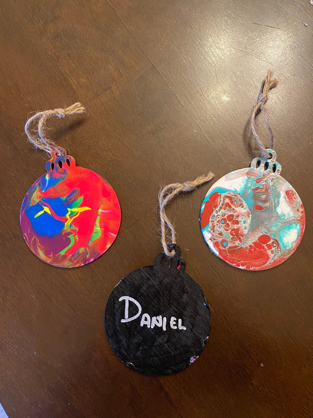 Green, Red and White Pour Painted Wooden Ornaments