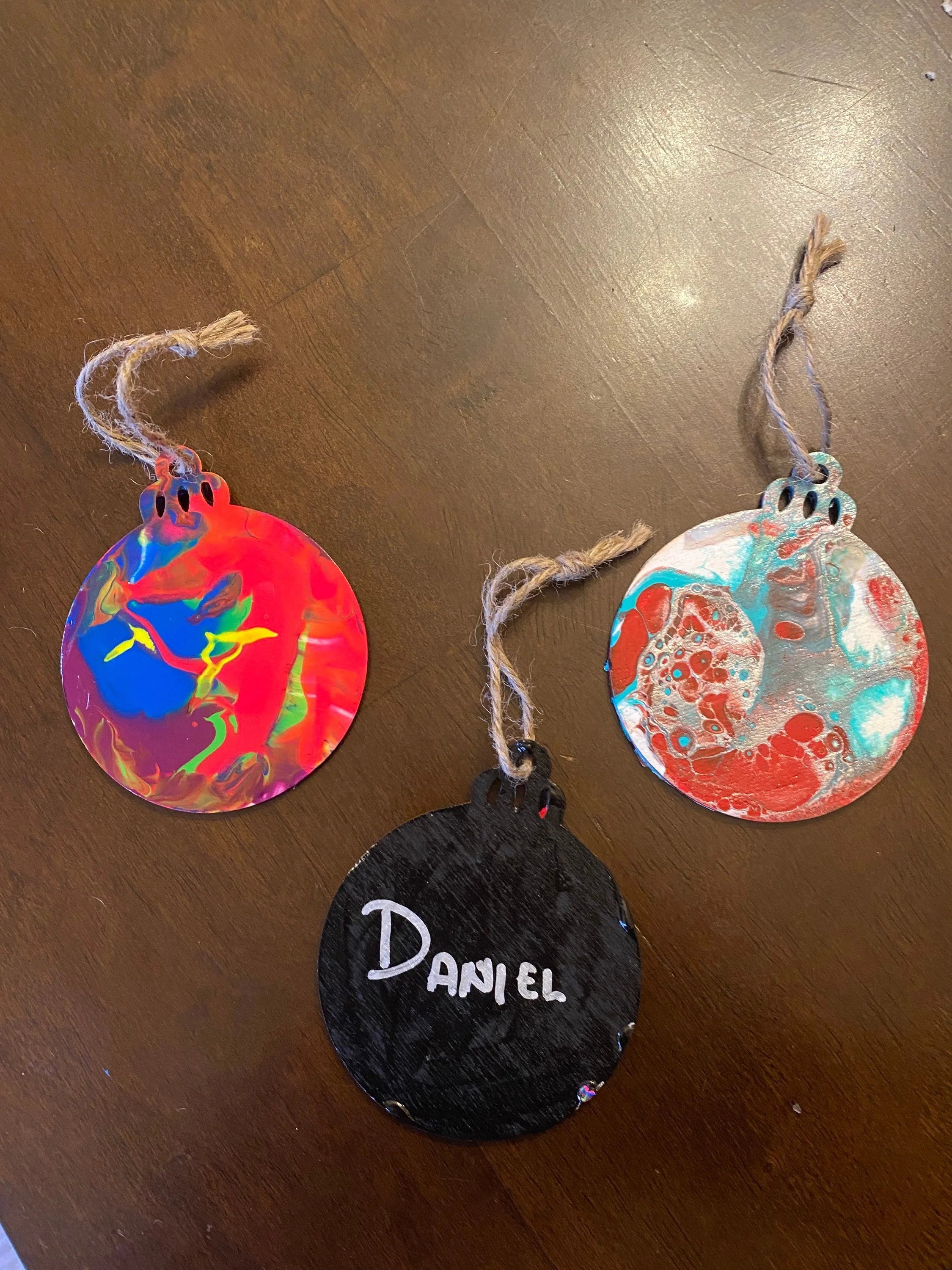 Green, Red and White Pour Painted Wooden Ornaments