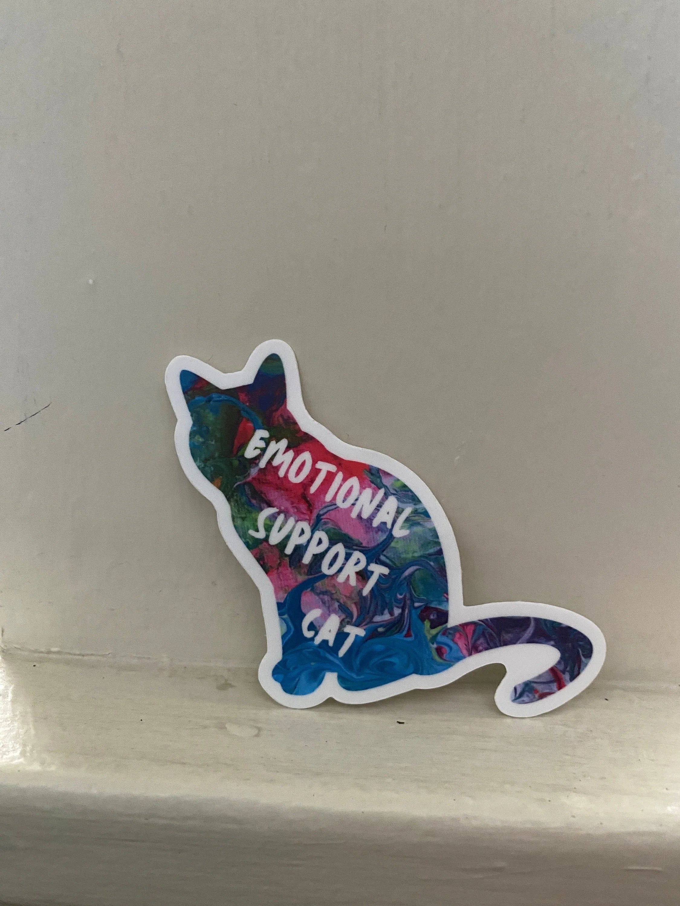 Emotional Support Cat - 3" Waterproof, Vinyl Sticker - 2.89" × 3" - Pink, Blue and Green