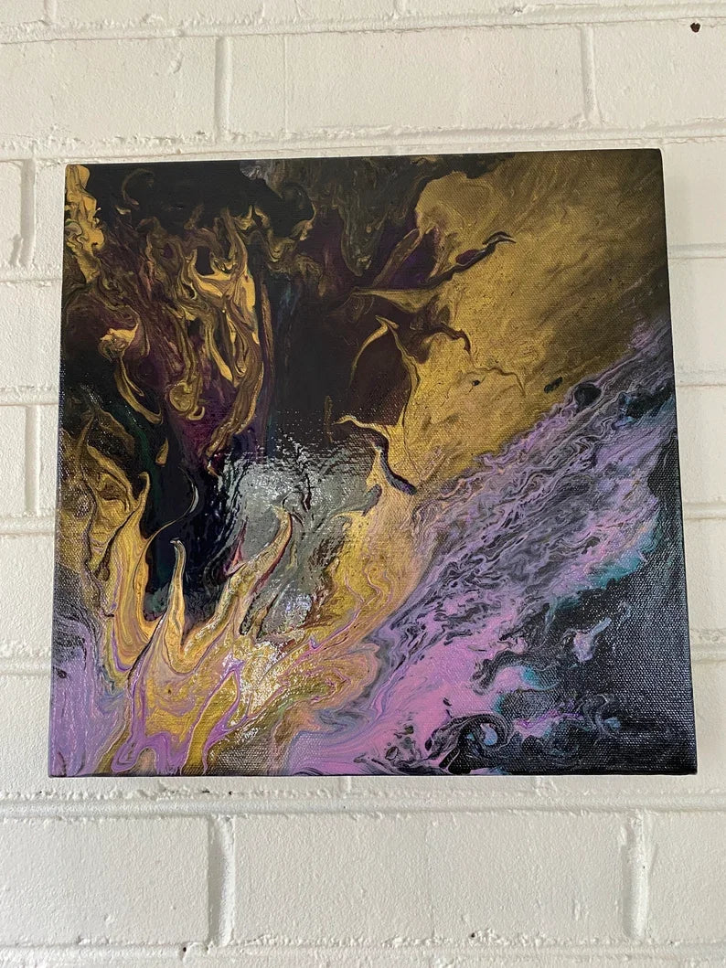 Golden Flame - 12"x12" Abstract Pour Painting